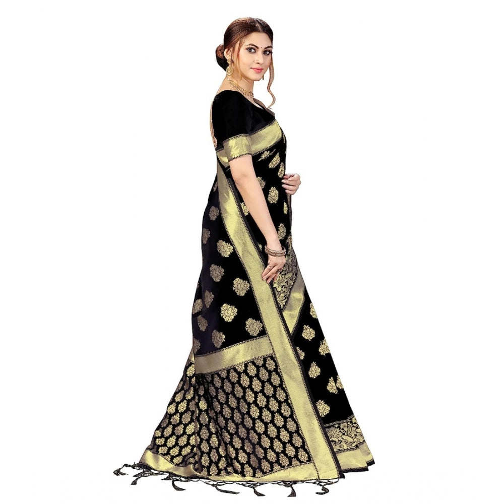Amfyn Women's Kanjivaram Style Floral design Jacquard Zari Woven Banarasi Art Silk Saree With Unstitched Blouse Piece (Black, 5-6mtrs)