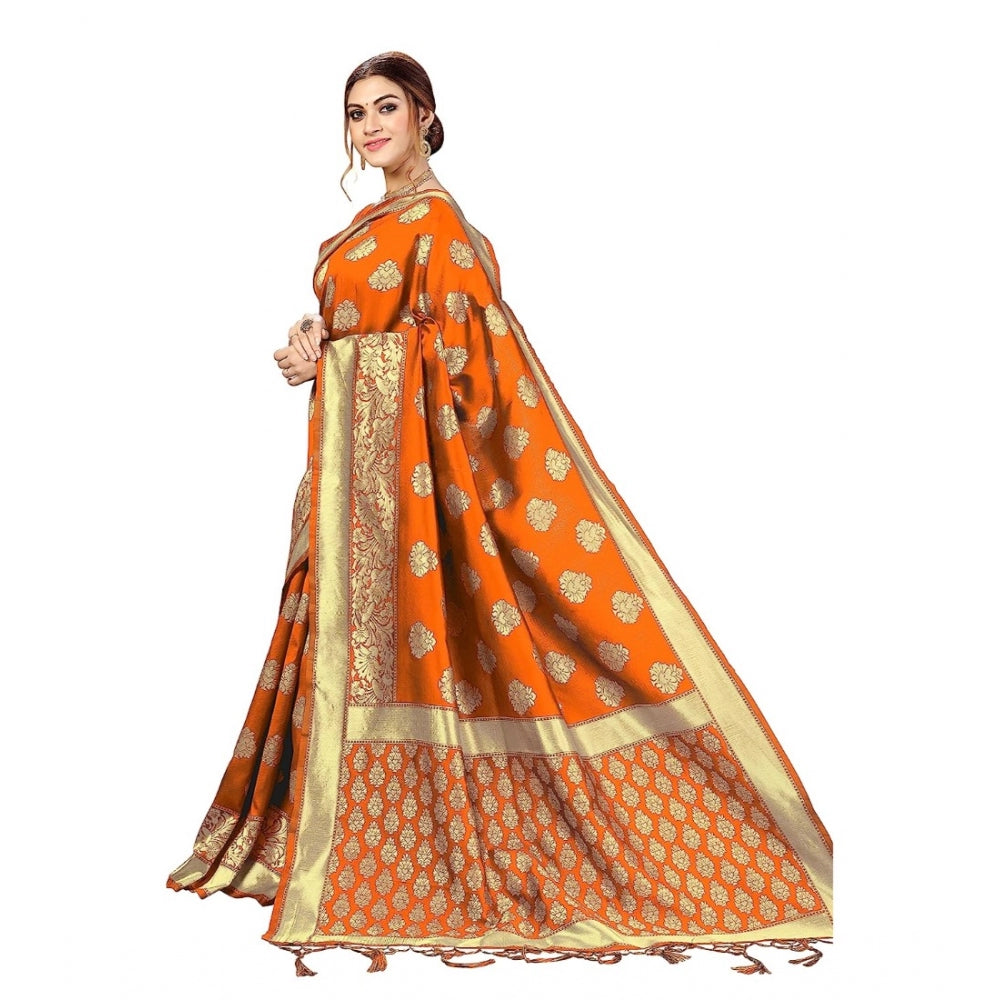 Amfyn Women's Kanjivaram Style Floral design Jacquard Zari Woven Banarasi Art Silk Saree With Unstitched Blouse Piece (Orange, 5-6mtrs)