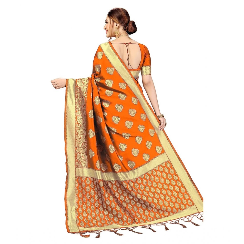 Amfyn Women's Kanjivaram Style Floral design Jacquard Zari Woven Banarasi Art Silk Saree With Unstitched Blouse Piece (Orange, 5-6mtrs)