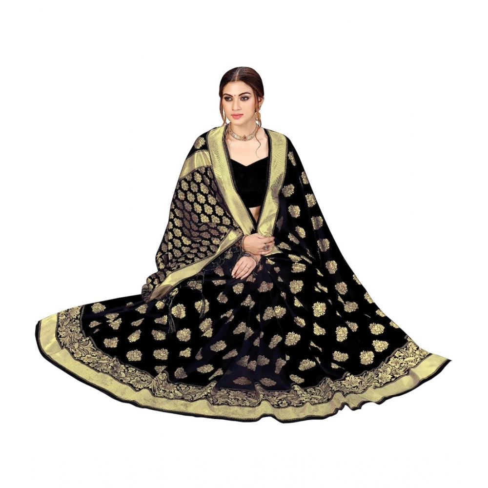 Amfyn Women's Kanjivaram Style Floral design Jacquard Zari Woven Banarasi Art Silk Saree With Unstitched Blouse Piece (Black, 5-6mtrs)