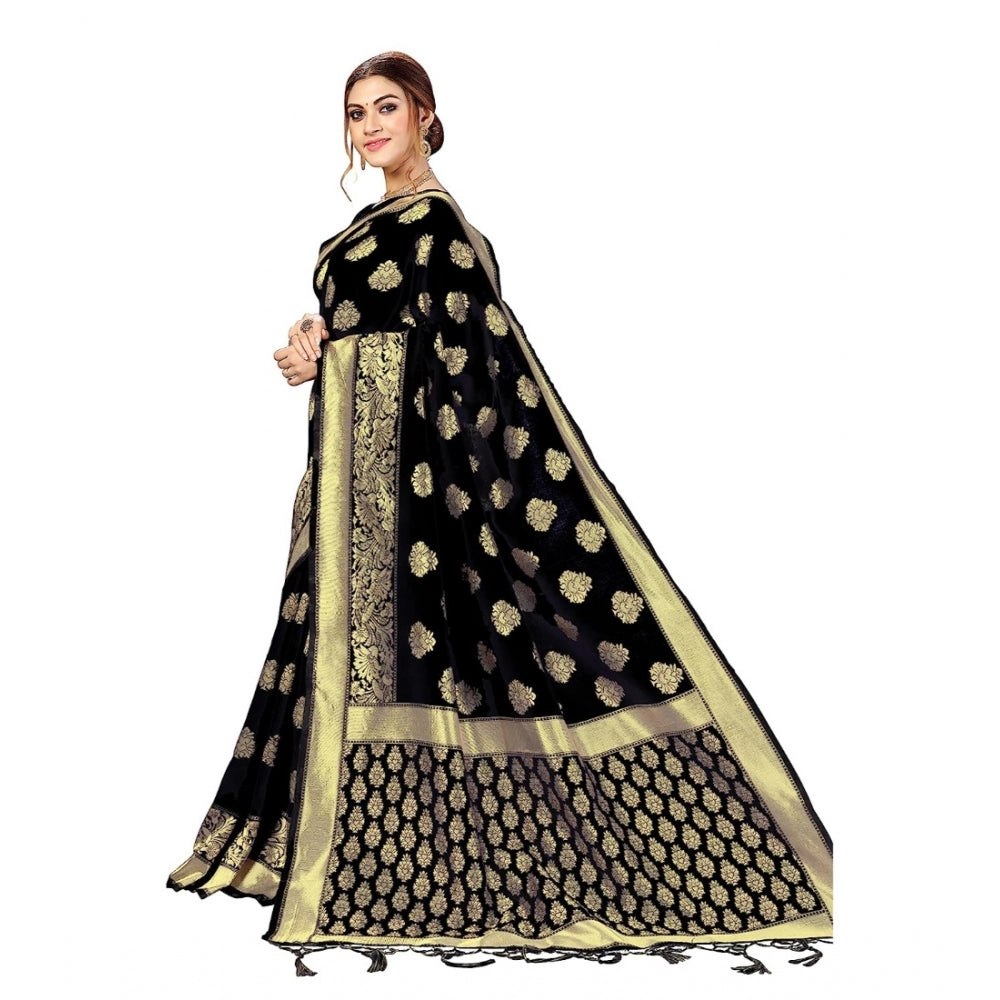 Amfyn Women's Kanjivaram Style Floral design Jacquard Zari Woven Banarasi Art Silk Saree With Unstitched Blouse Piece (Black, 5-6mtrs)