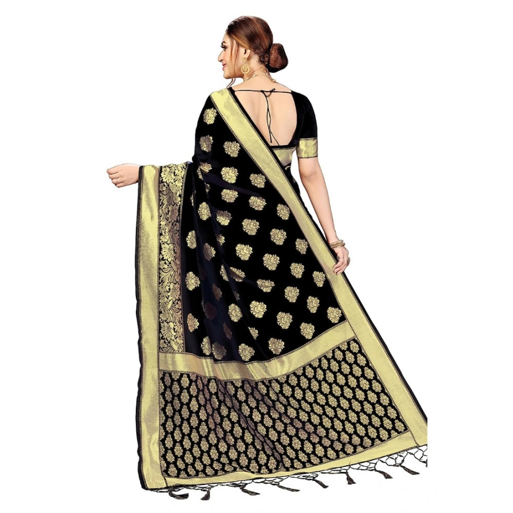 Amfyn Women's Kanjivaram Style Floral design Jacquard Zari Woven Banarasi Art Silk Saree With Unstitched Blouse Piece (Black, 5-6mtrs)