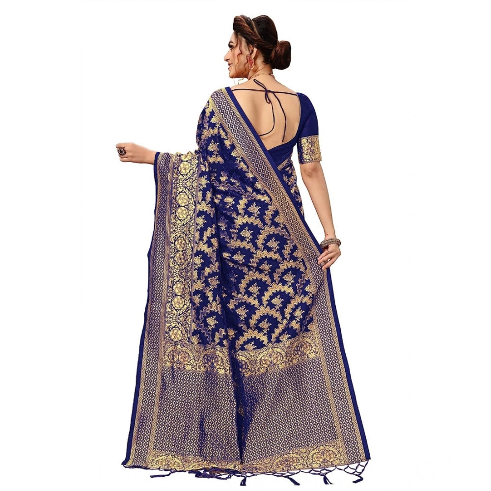 Amfyn Women's Damask Pattern Jacquard Woven Banarasi Art Silk Saree With Unstitched Blouse Piece (Blue, 5-6mtrs)