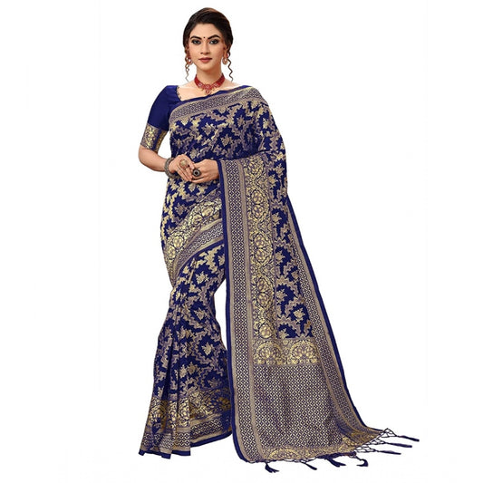 Amfyn Women's Damask Pattern Jacquard Woven Banarasi Art Silk Saree With Unstitched Blouse Piece (Blue, 5-6mtrs)