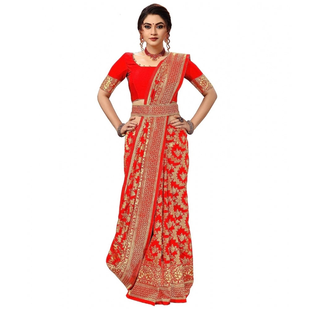 Amfyn Women's Damask Pattern Jacquard Woven Banarasi Art Silk Saree With Unstitched Blouse Piece (Red, 5-6mtrs)