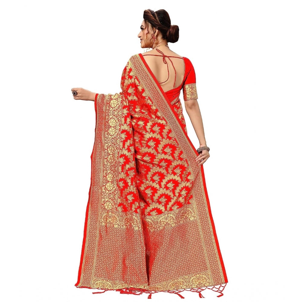 Amfyn Women's Damask Pattern Jacquard Woven Banarasi Art Silk Saree With Unstitched Blouse Piece (Red, 5-6mtrs)
