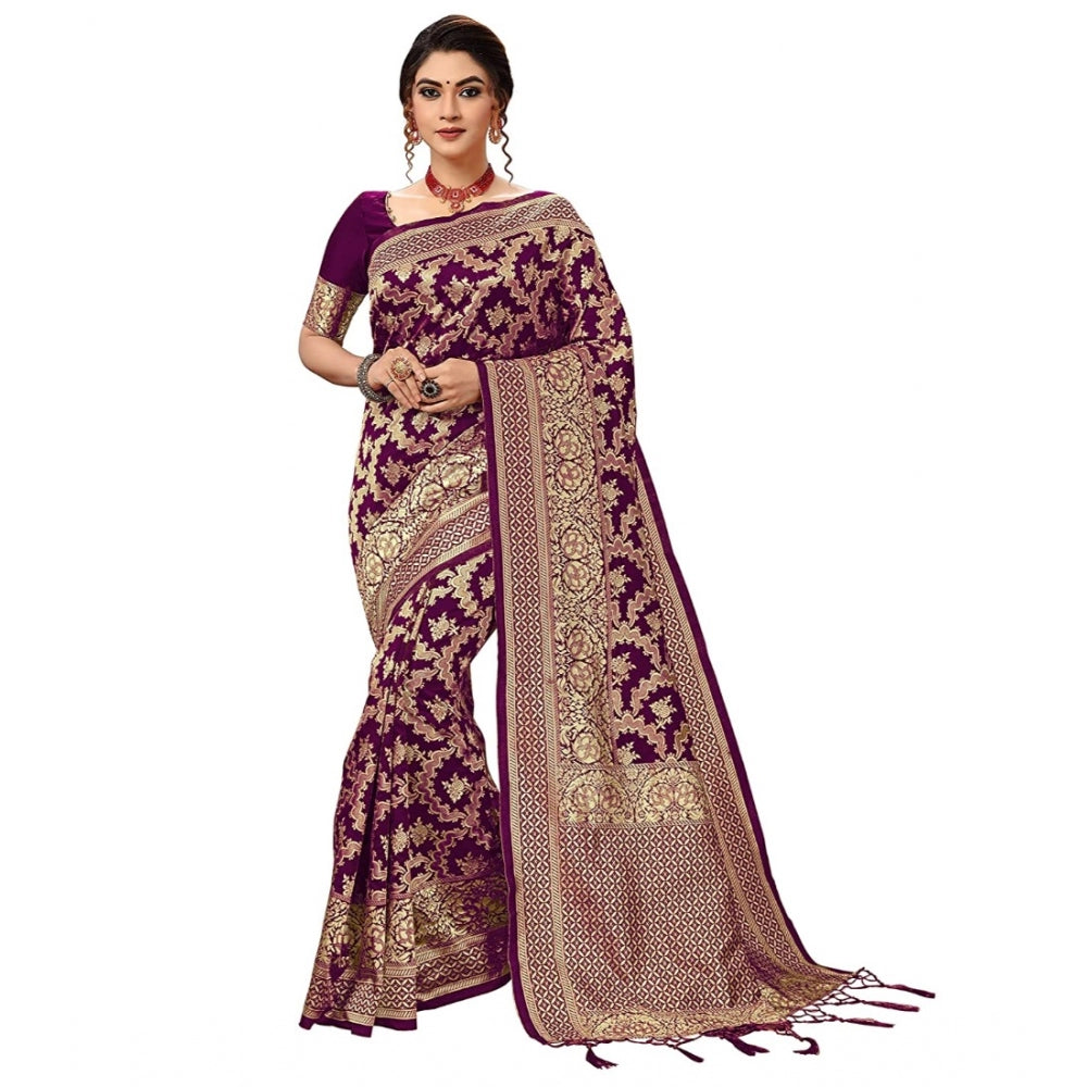 Amfyn Women's Damask Pattern Jacquard Woven Banarasi Art Silk Saree With Unstitched Blouse Piece (Purple, 5-6mtrs)
