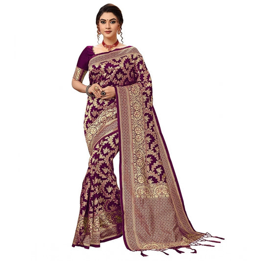 Amfyn Women's Damask Pattern Jacquard Woven Banarasi Art Silk Saree With Unstitched Blouse Piece (Purple, 5-6mtrs)