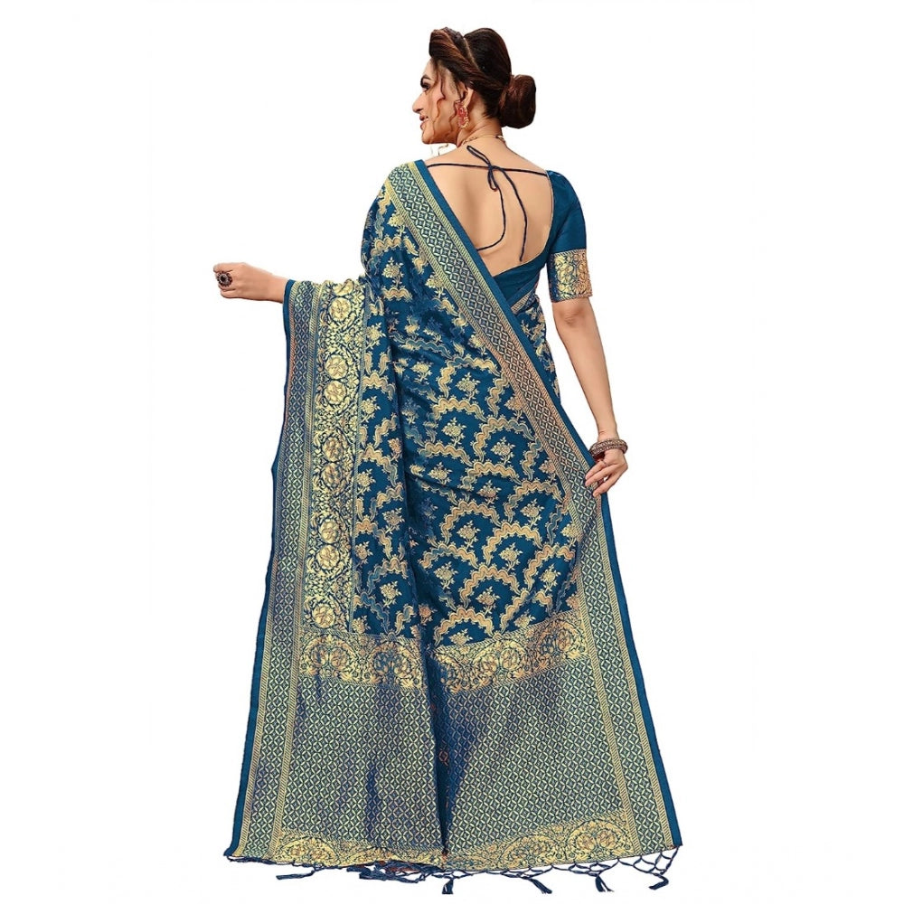 Amfyn Women's Damask Pattern Jacquard Woven Banarasi Art Silk Saree With Unstitched Blouse Piece (Teal Blue, 5-6mtrs)