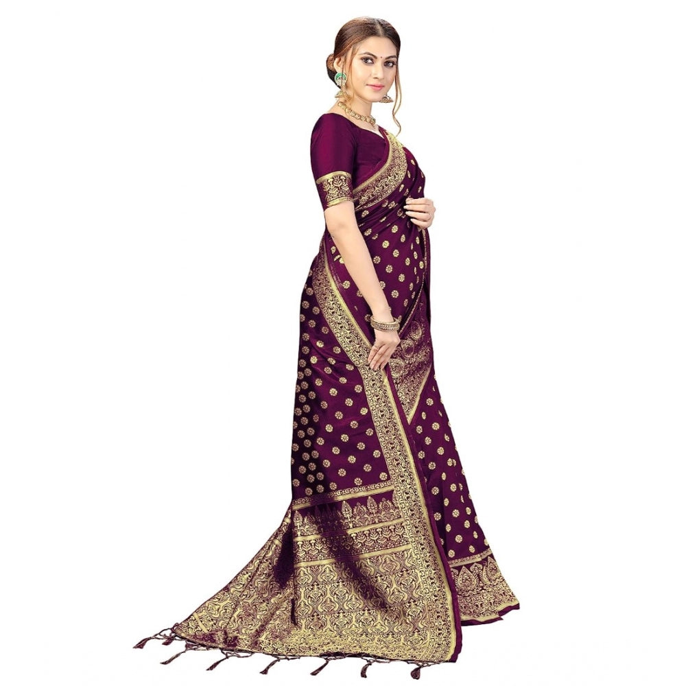 Amfyn Women's Floral Pattern Jacquard Woven Banarasi Art Silk Saree With Unstitched Blouse Piece (Purple, 5-6mtrs)