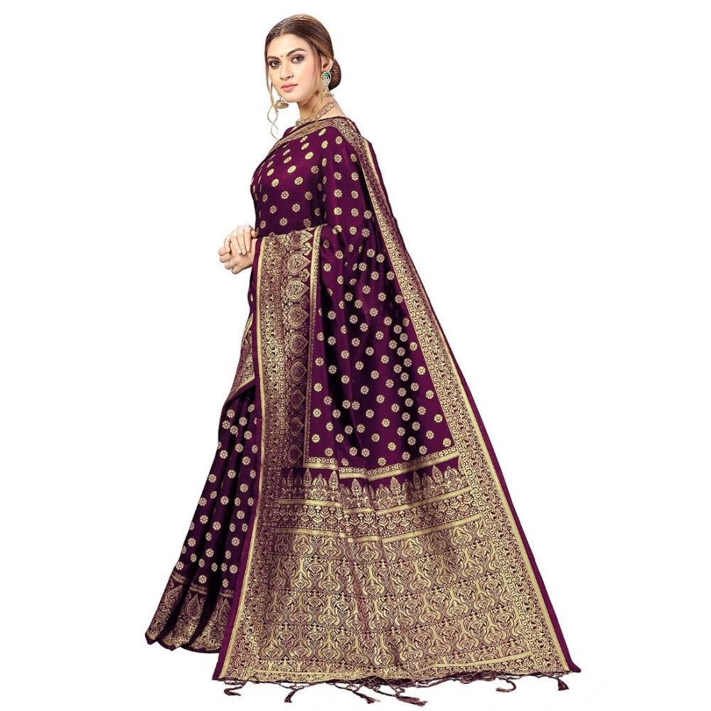Amfyn Women's Floral Pattern Jacquard Woven Banarasi Art Silk Saree With Unstitched Blouse Piece (Purple, 5-6mtrs)