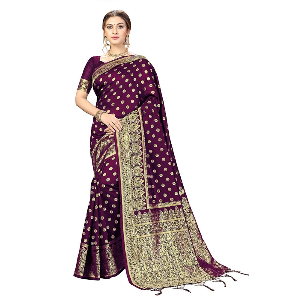 Amfyn Women's Floral Pattern Jacquard Woven Banarasi Art Silk Saree With Unstitched Blouse Piece (Purple, 5-6mtrs)