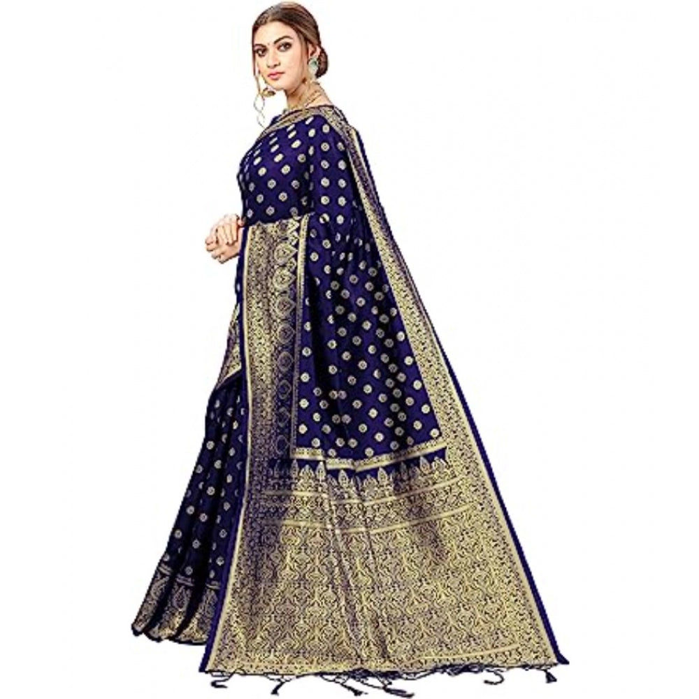 Amfyn Women's Floral Pattern Jacquard Woven Banarasi Art Silk Saree With Unstitched Blouse Piece (Blue, 5-6mtrs)