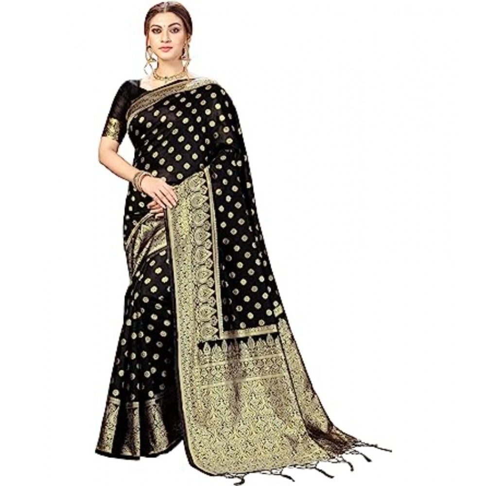 Amfyn Women's Floral Pattern Jacquard Woven Banarasi Art Silk Saree With Unstitched Blouse Piece (Black, 5-6mtrs)