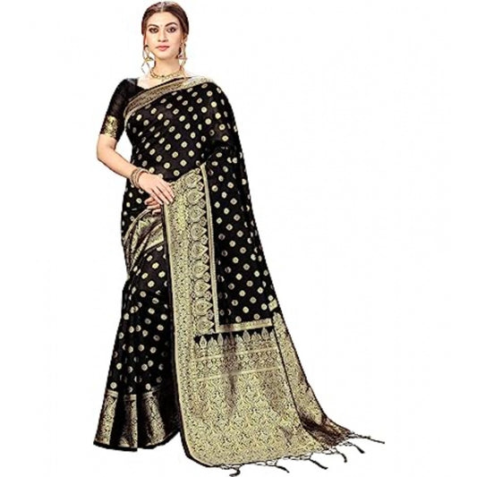 Amfyn Women's Floral Pattern Jacquard Woven Banarasi Art Silk Saree With Unstitched Blouse Piece (Black, 5-6mtrs)