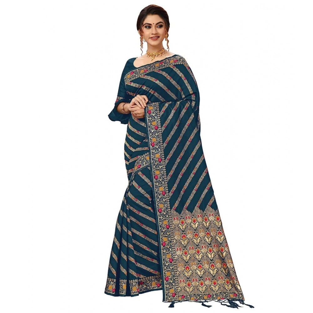 Amfyn Women's Floral Striped Pattern Jacquard Woven Banarasi Art Silk Saree With Unstitched Blouse Piece (Teal Blue, 5-6mtrs)