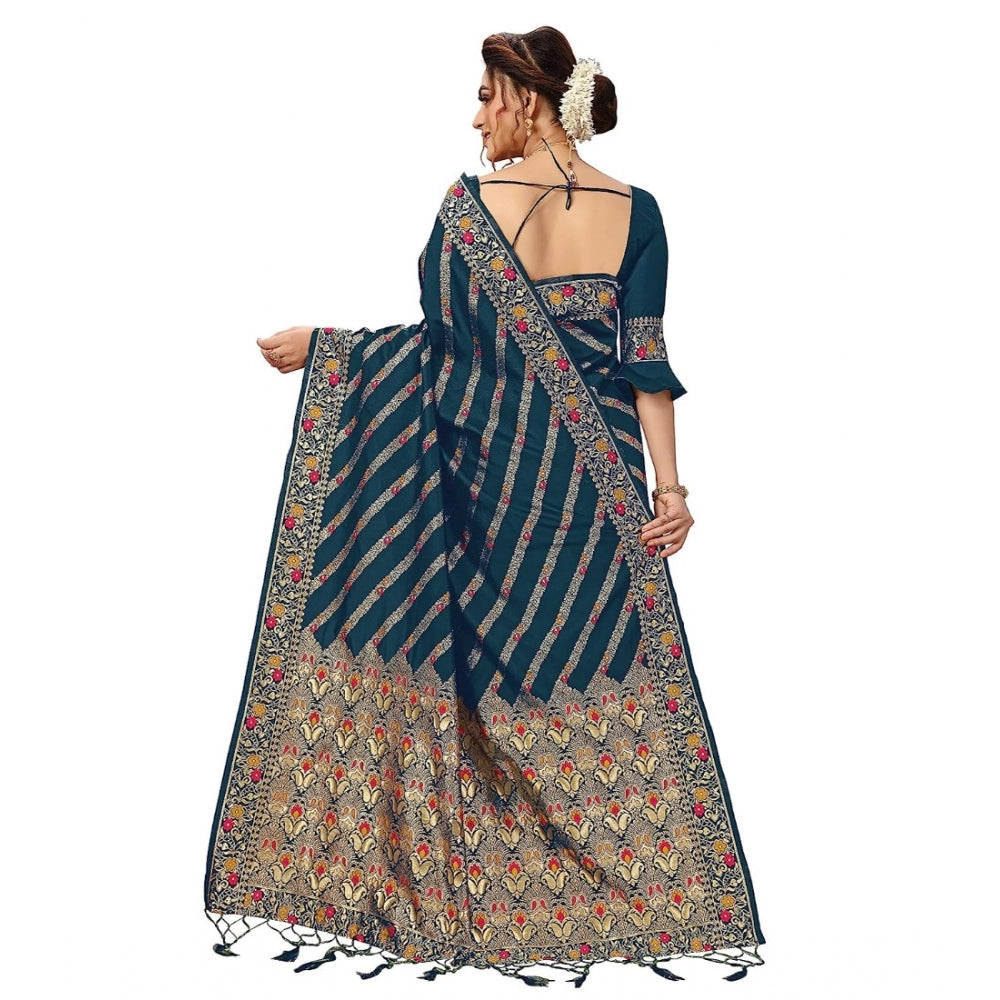 Amfyn Women's Floral Striped Pattern Jacquard Woven Banarasi Art Silk Saree With Unstitched Blouse Piece (Teal Blue, 5-6mtrs)