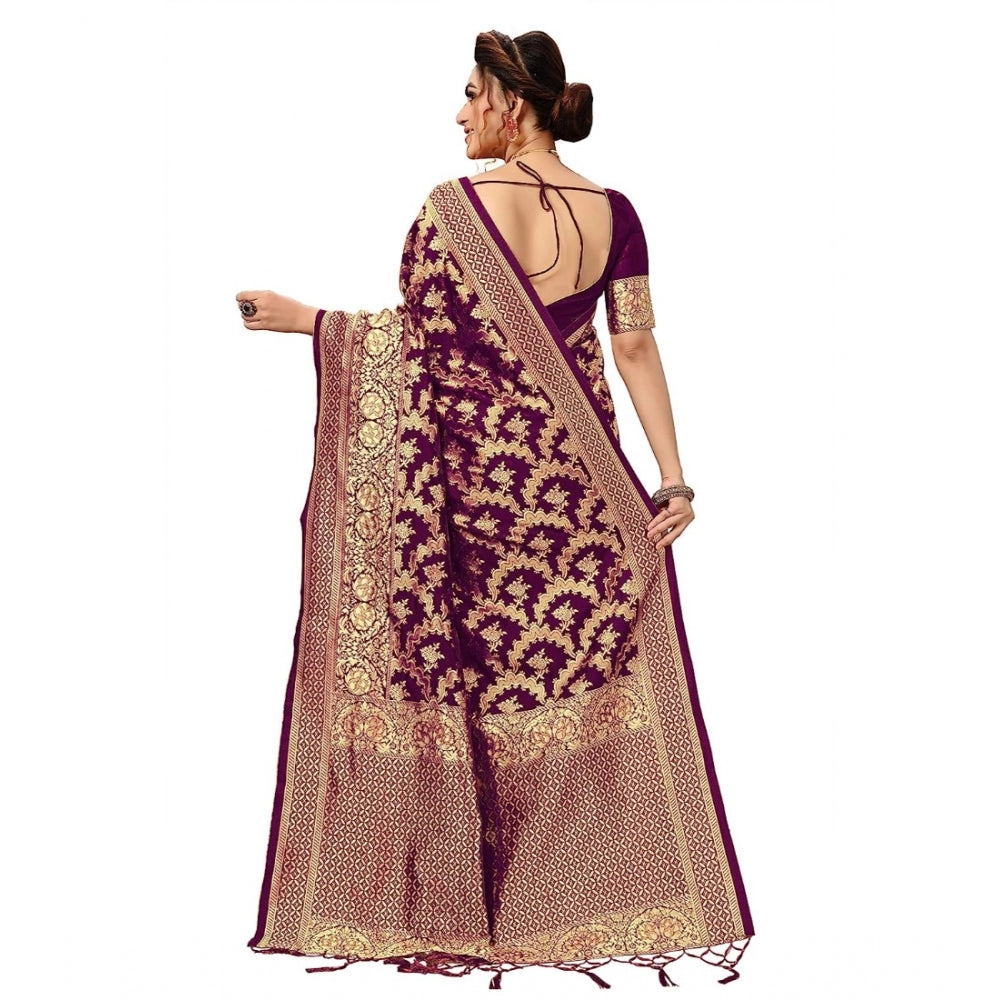 Amfyn Women's Damask Pattern Jacquard Woven Banarasi Art Silk Saree With Unstitched Blouse Piece (Purple, 5-6mtrs)