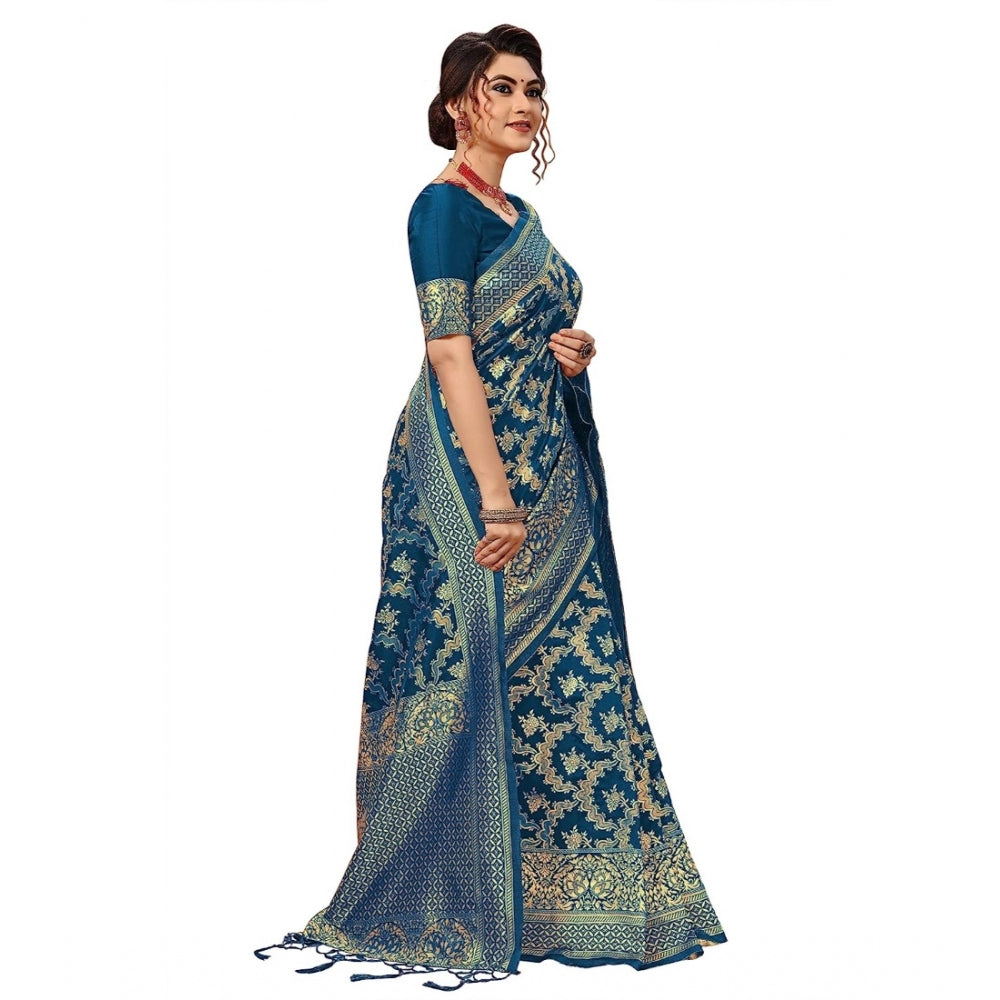 Amfyn Women's Damask Pattern Jacquard Woven Banarasi Art Silk Saree With Unstitched Blouse Piece (Teal Blue, 5-6mtrs)