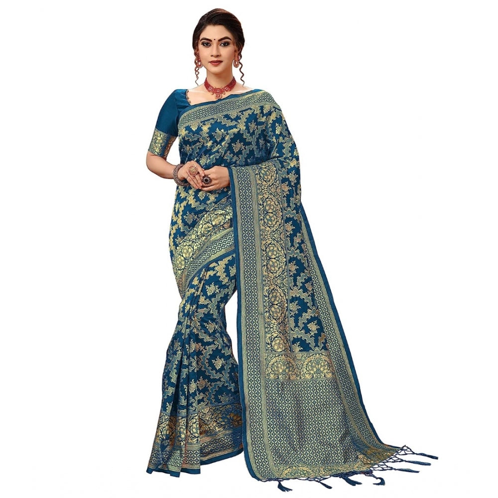 Amfyn Women's Damask Pattern Jacquard Woven Banarasi Art Silk Saree With Unstitched Blouse Piece (Teal Blue, 5-6mtrs)