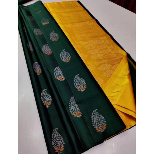 Amfyn Women's Borderless Kanjivaram Silk Sarees With Unstitched Blouse (Dark Green)
