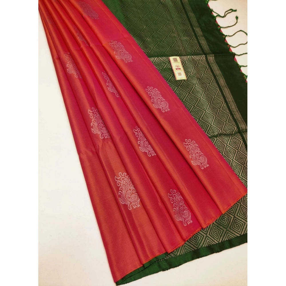 Amfyn Women's Borderless Kanjivaram Silk Sarees With Unstitched Blouse (Red)