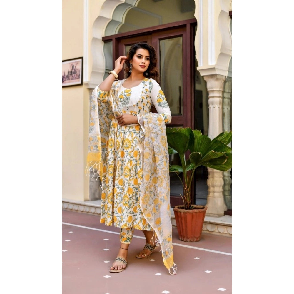 Amfyn Women's Cotton Blend Printed Work Kurti With Bottom And Dupatta Set (Yellow)