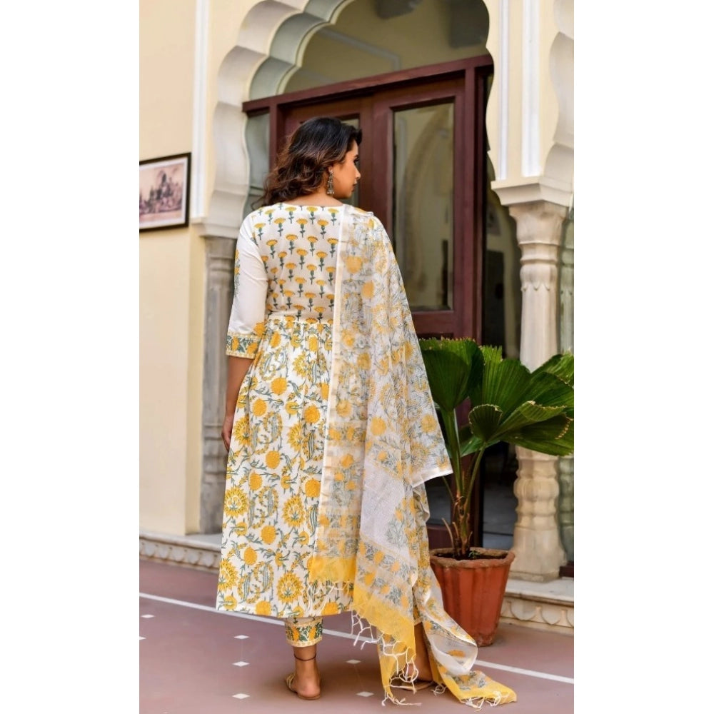 Amfyn Women's Cotton Blend Printed Work Kurti With Bottom And Dupatta Set (Yellow)