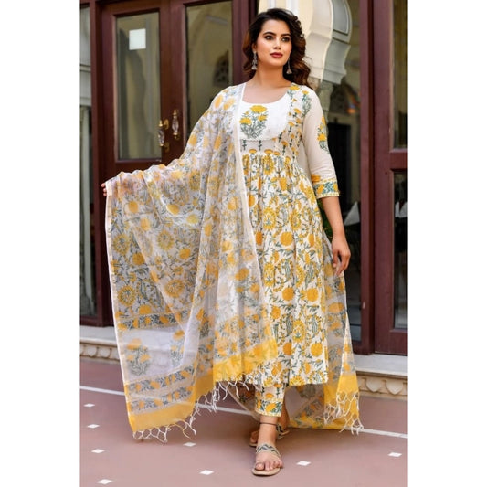 Amfyn Women's Cotton Blend Printed Work Kurti With Bottom And Dupatta Set (Yellow)