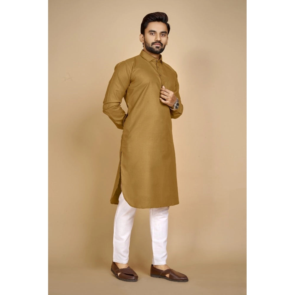 Amfyn Men's Cotton Blend Solid Full Sleeve Knee Length Kurta (Brown)