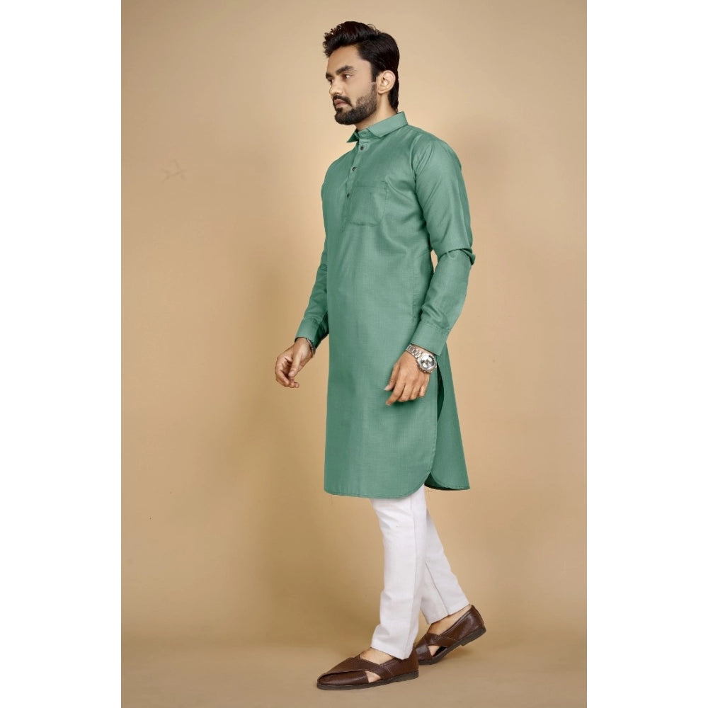 Amfyn Men's Cotton Blend Solid Full Sleeve Knee Length Kurta (Green)