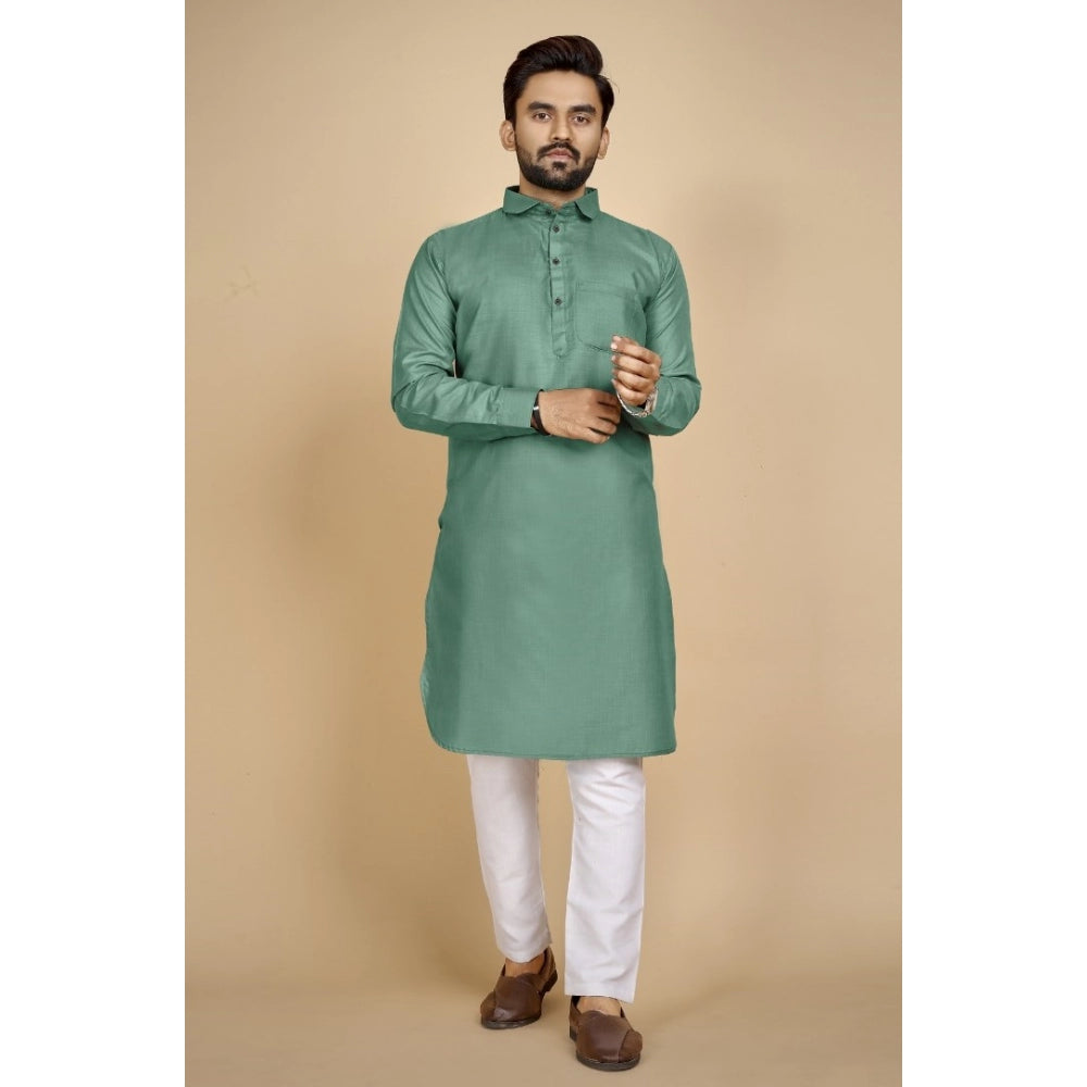 Amfyn Men's Cotton Blend Solid Full Sleeve Knee Length Kurta (Green)