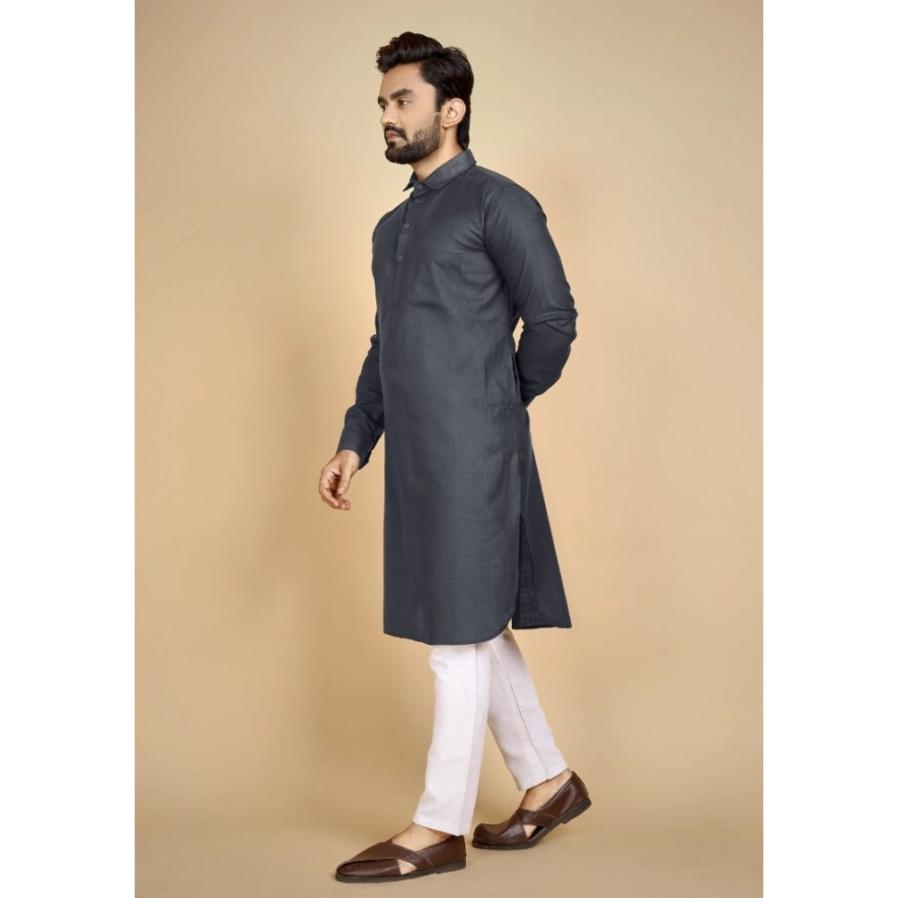 Amfyn Men's Cotton Blend Solid Full Sleeve Knee Length Kurta (Black)