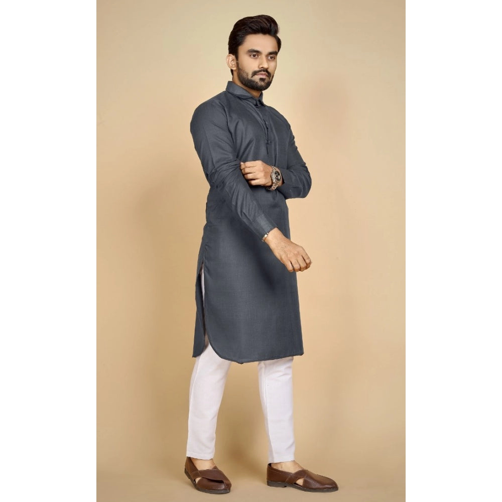 Amfyn Men's Cotton Blend Solid Full Sleeve Knee Length Kurta (Black)