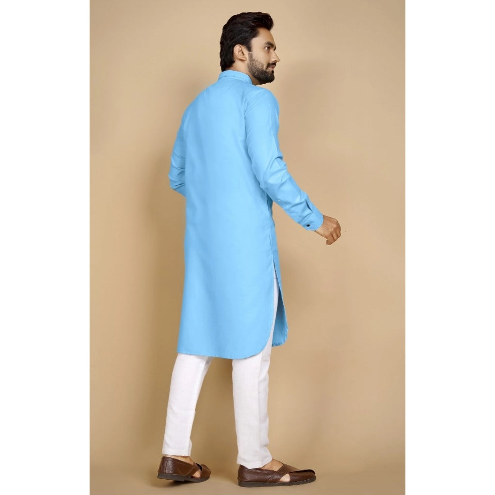 Amfyn Men's Cotton Blend Solid Full Sleeve Knee Length Kurta (Light Blue)