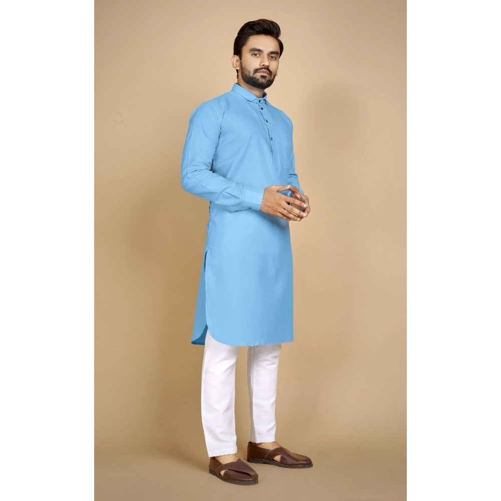 Amfyn Men's Cotton Blend Solid Full Sleeve Knee Length Kurta (Light Blue)