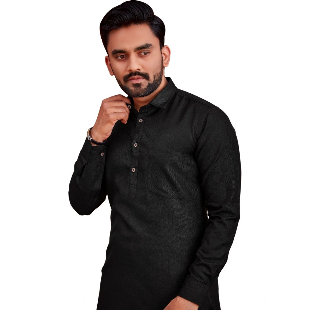 Amfyn Men's Cotton Blend Solid Full Sleeve Knee Length Kurta (Black)