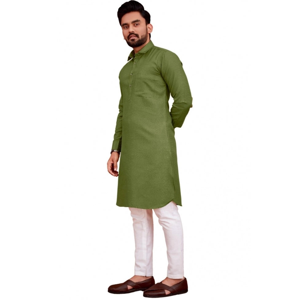Amfyn Men's Cotton Blend Solid Full Sleeve Knee Length Kurta (Green)