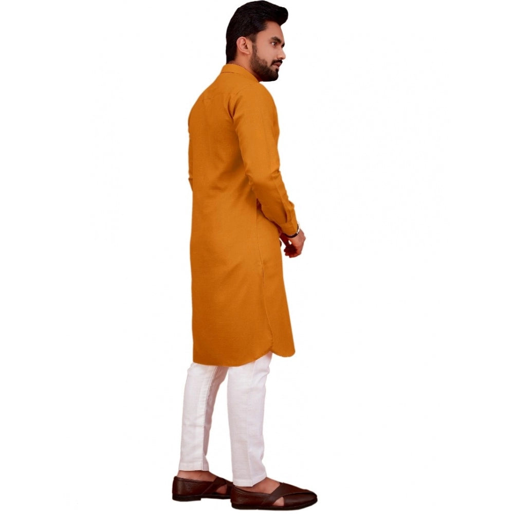 Amfyn Men's Cotton Blend Solid Full Sleeve Knee Length Kurta (Yellow)
