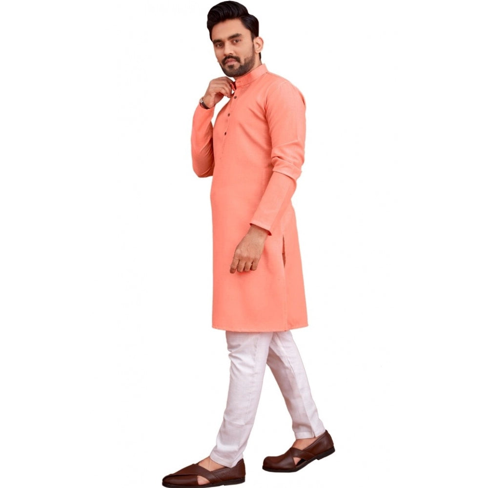 Amfyn Men's Cotton Blend Solid Full Sleeve Knee Length Kurta (Pink)