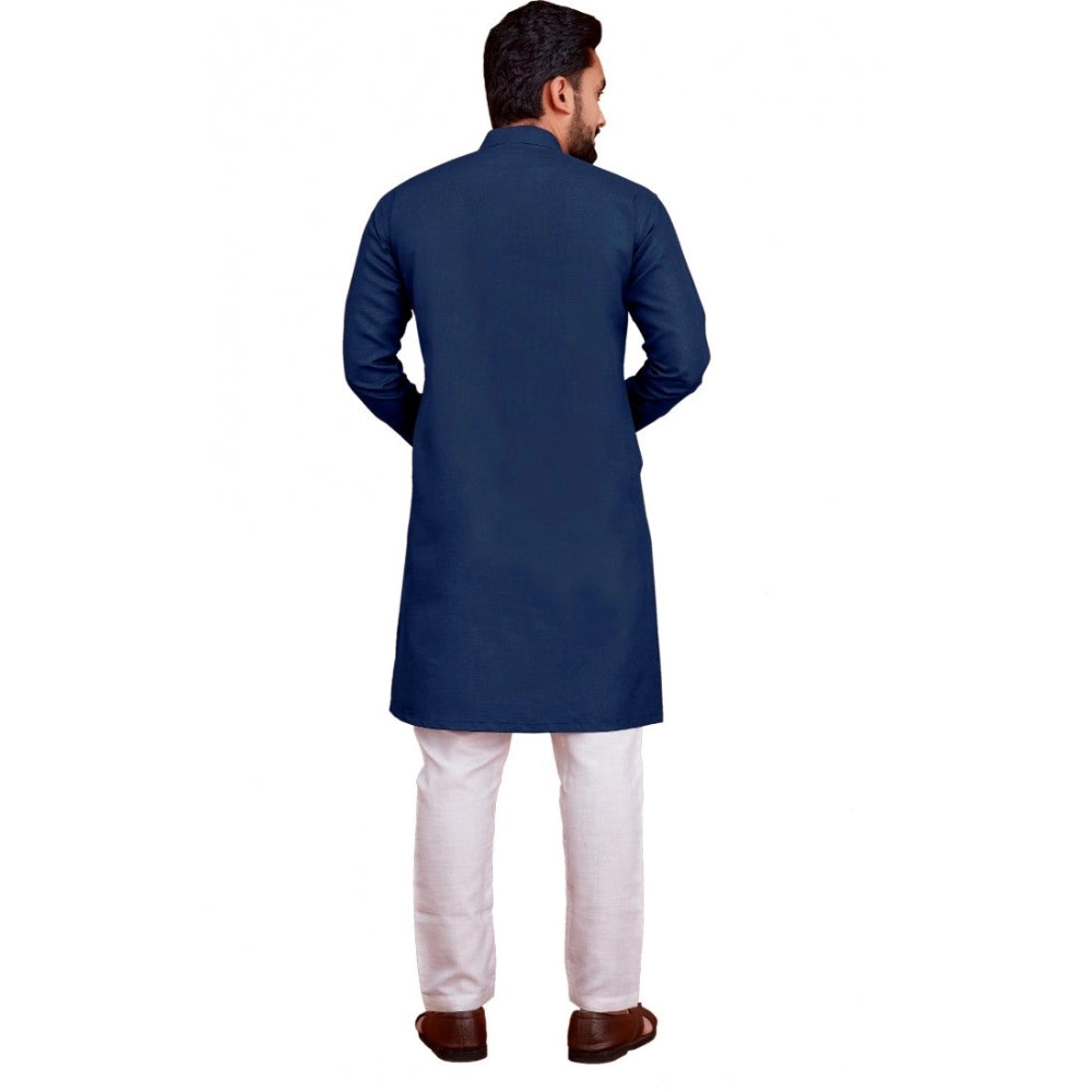 Amfyn Men's Cotton Blend Solid Full Sleeve Knee Length Kurta (Dark Blue)