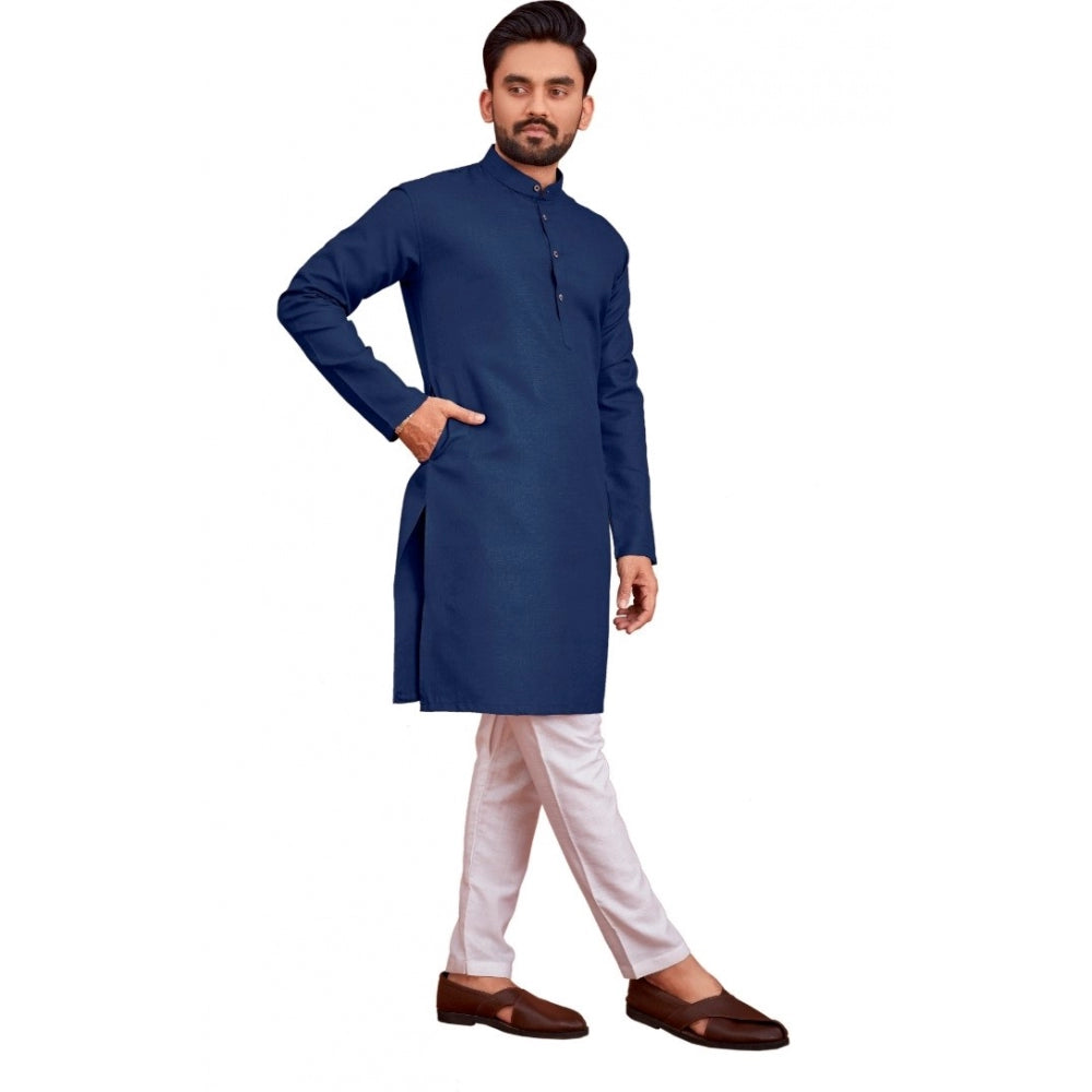 Amfyn Men's Cotton Blend Solid Full Sleeve Knee Length Kurta (Dark Blue)