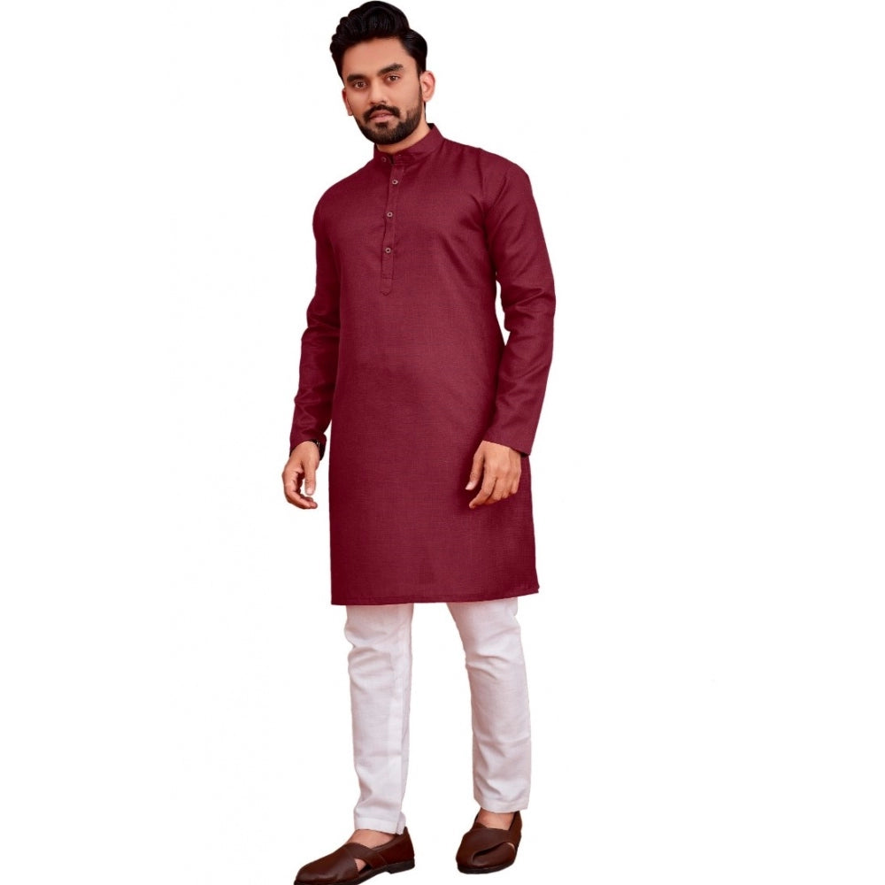 Amfyn Men's Cotton Blend Solid Full Sleeve Knee Length Kurta (Maroon)