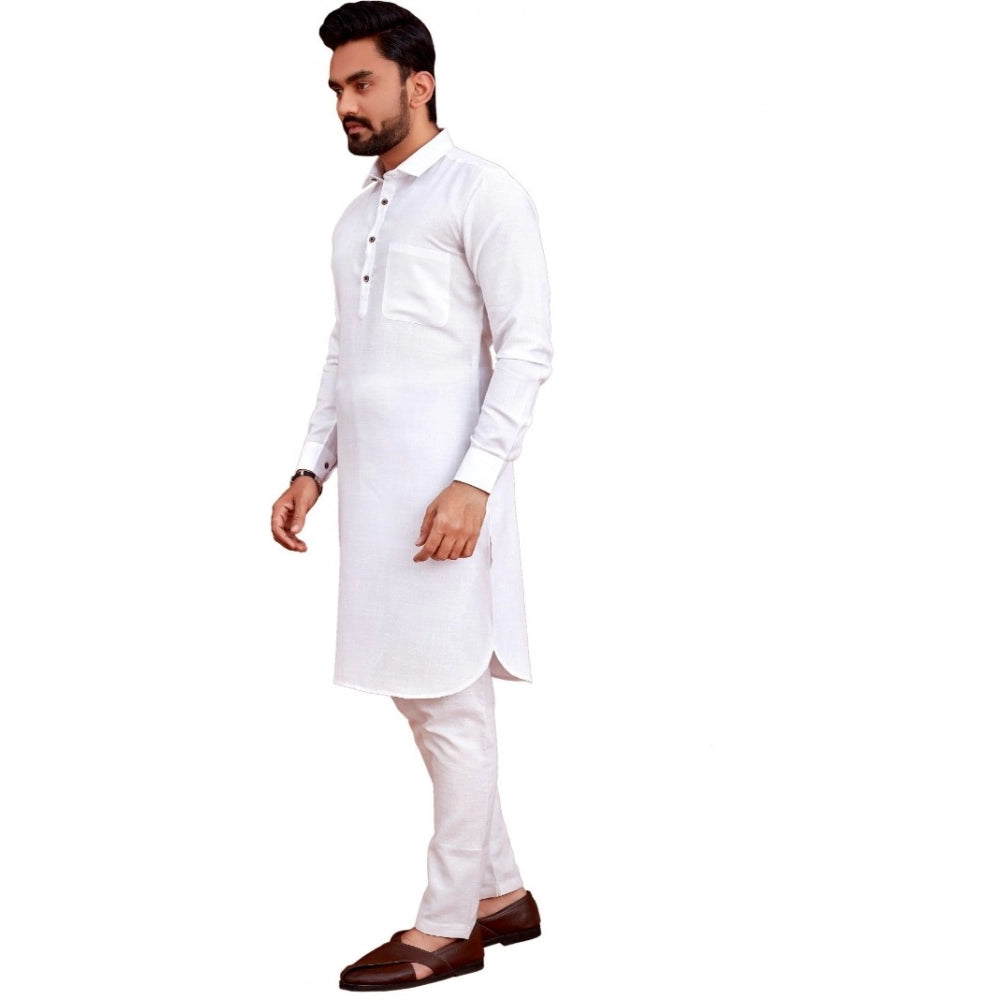 Amfyn Men's Cotton Blend Solid Full Sleeve Knee Length Kurta (White)
