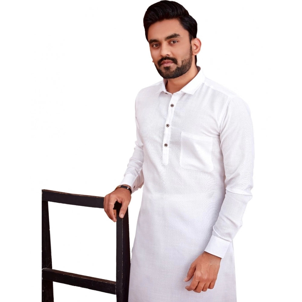 Amfyn Men's Cotton Blend Solid Full Sleeve Knee Length Kurta (White)