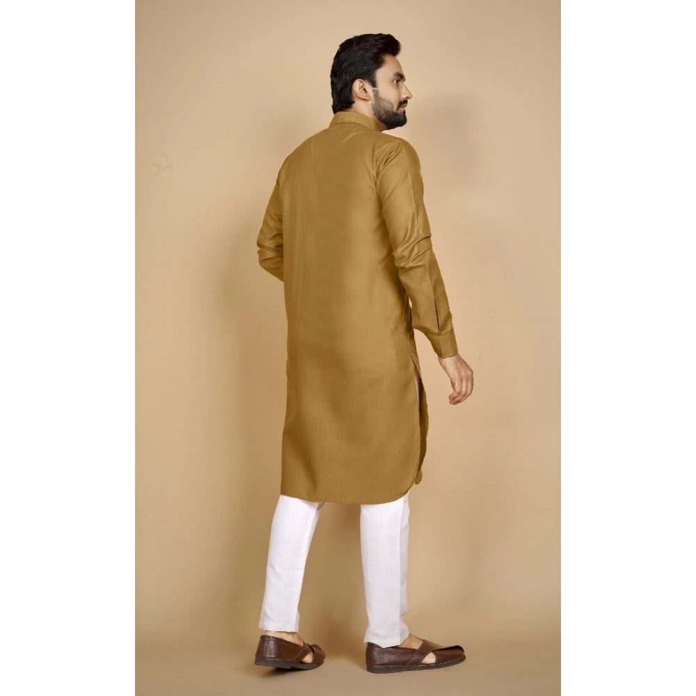 Amfyn Men's Cotton Blend Solid Full Sleeve Knee Length Kurta (Brown)