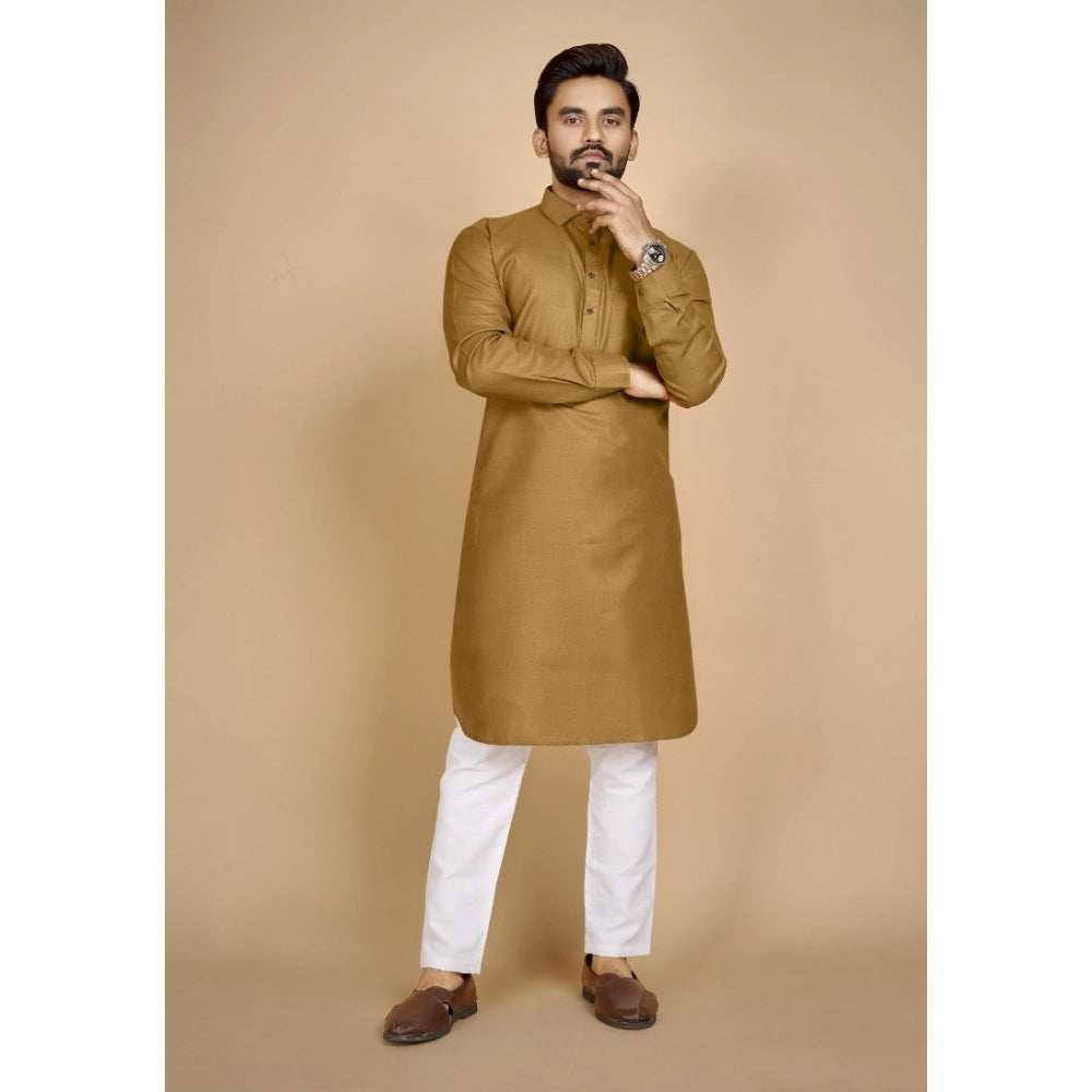 Amfyn Men's Cotton Blend Solid Full Sleeve Knee Length Kurta (Brown)