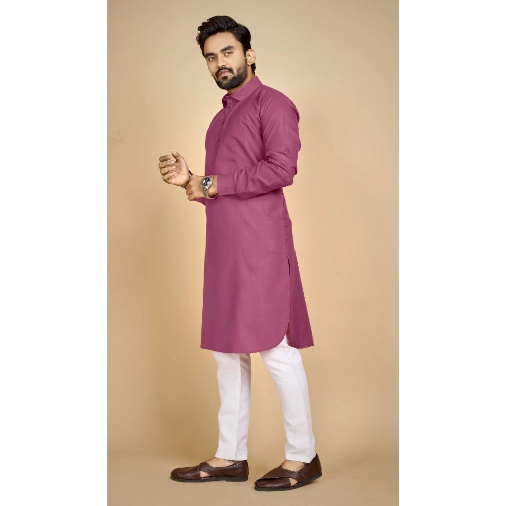 Amfyn Men's Cotton Blend Solid Full Sleeve Knee Length Kurta (Pink)