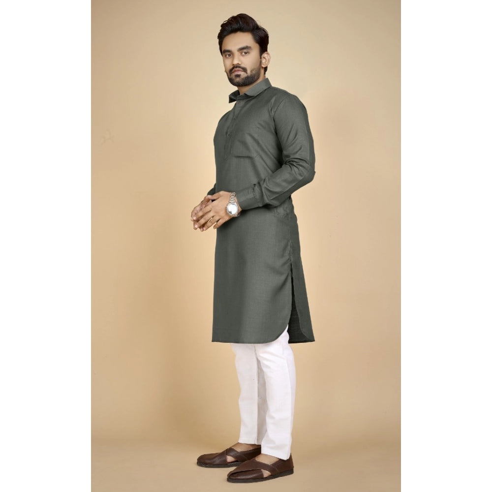 Amfyn Men's Cotton Blend Solid Full Sleeve Knee Length Kurta (Dark Green)