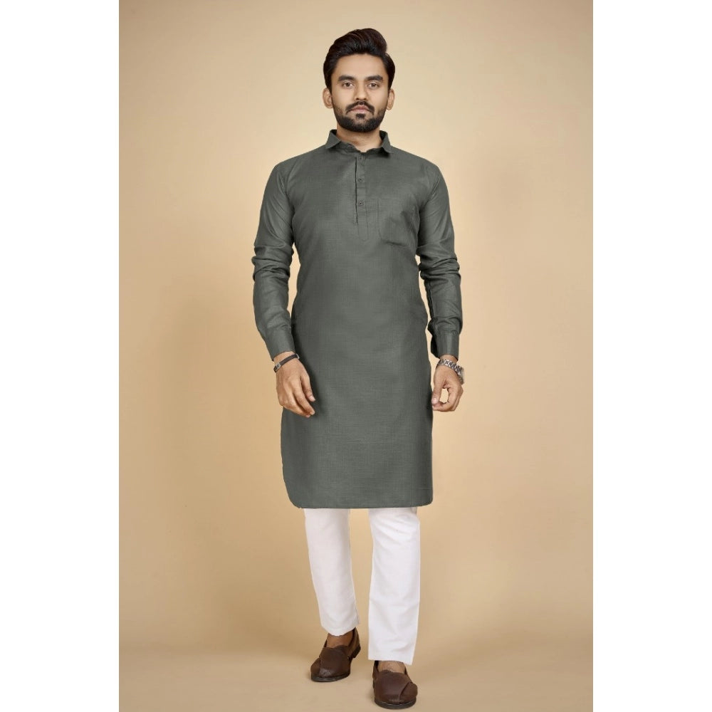 Amfyn Men's Cotton Blend Solid Full Sleeve Knee Length Kurta (Dark Green)